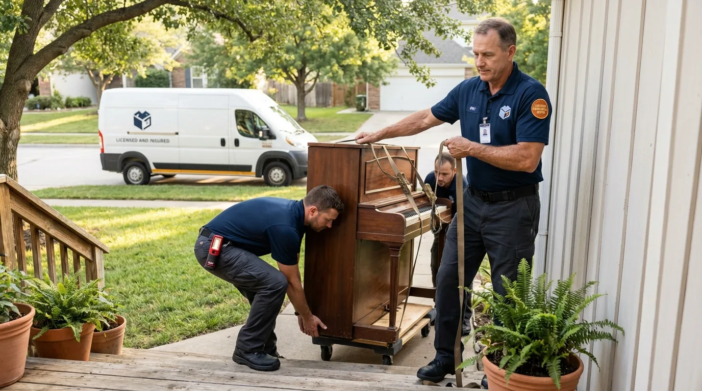 Licensed piano movers securing grand piano in Circle, MT