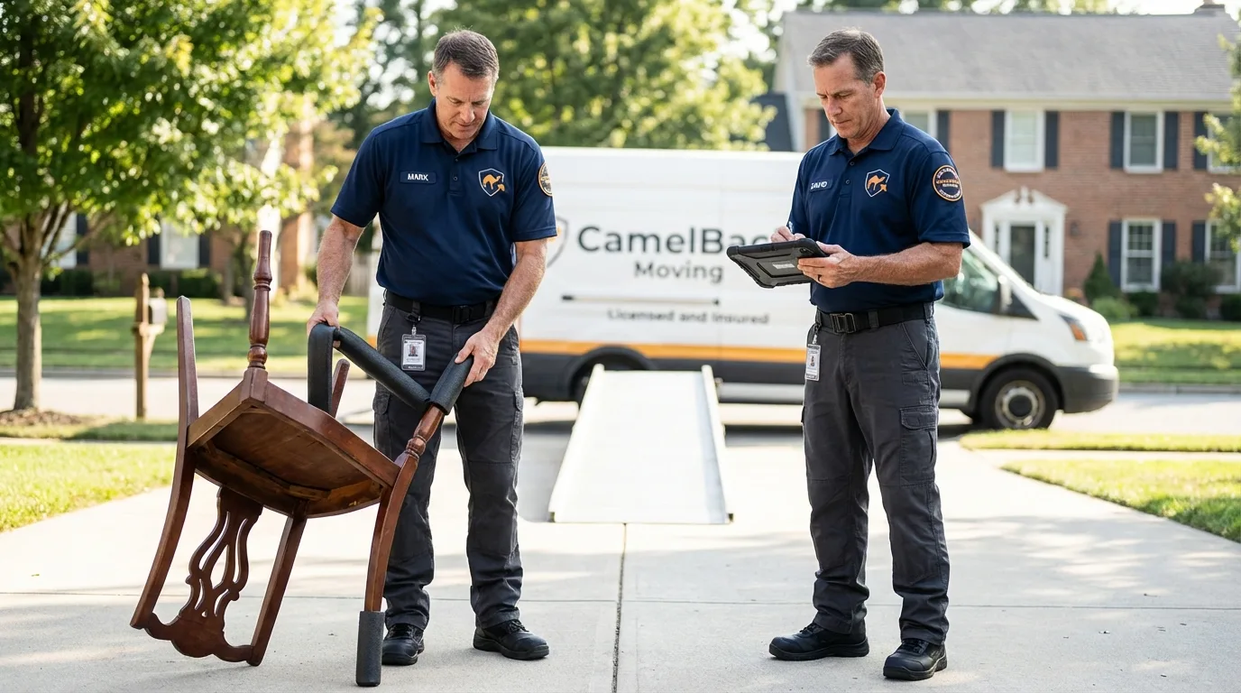 Movers inspecting furniture for damage prevention before loading in Circle, MT
