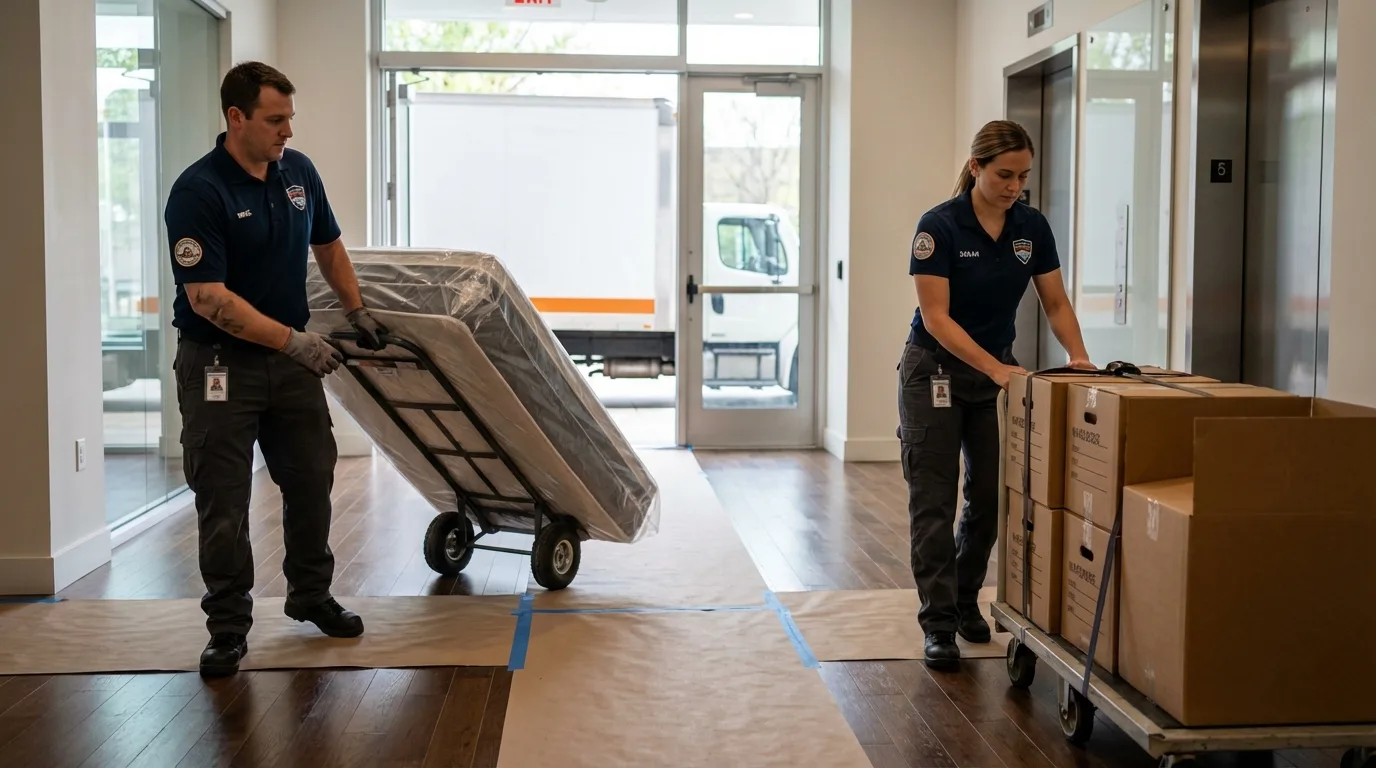 Professional apartment movers loading elevator in Circle, MT