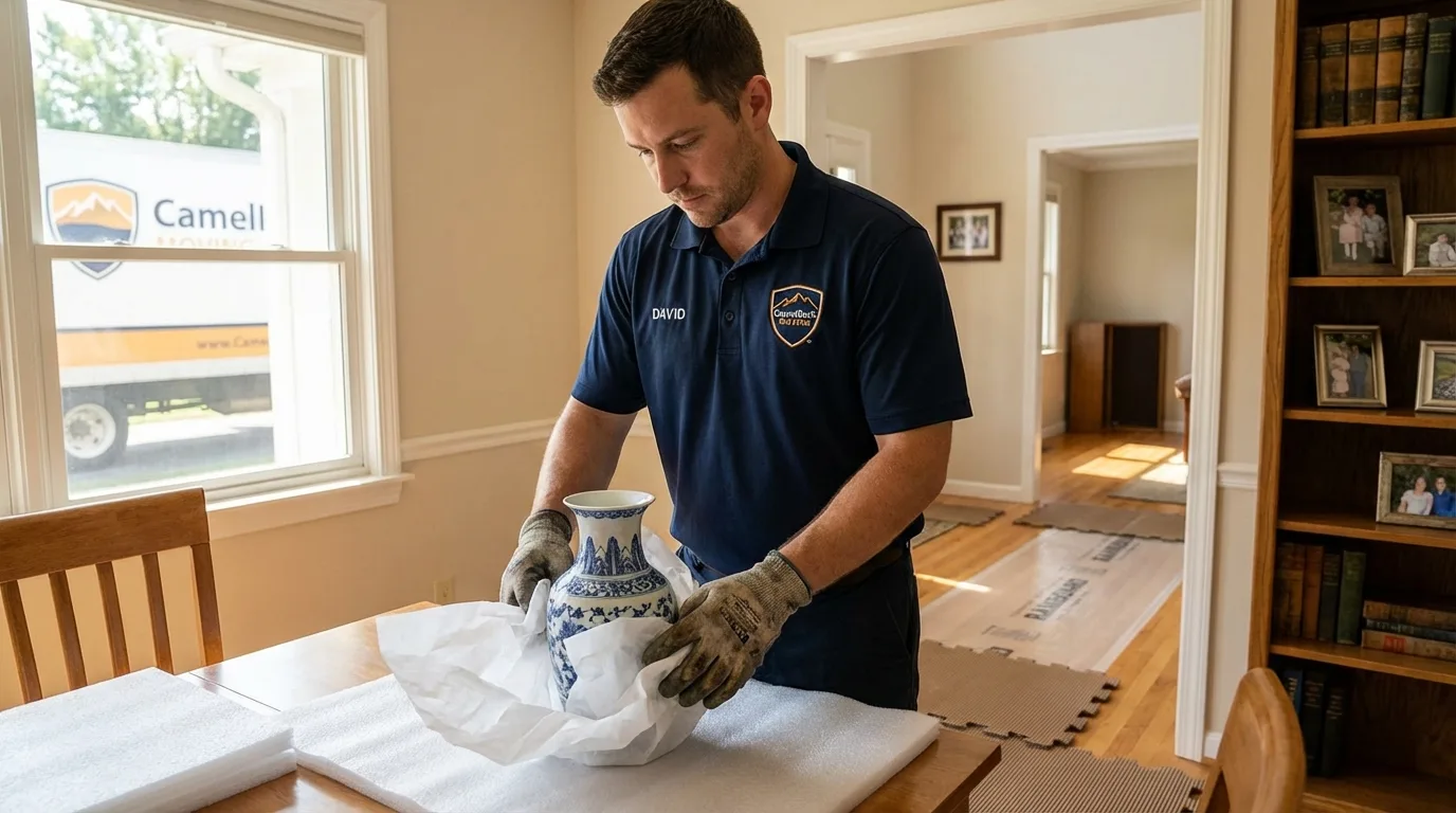 Professional crew carefully wrapping antique vase for senior downsizing move in Circle, MT